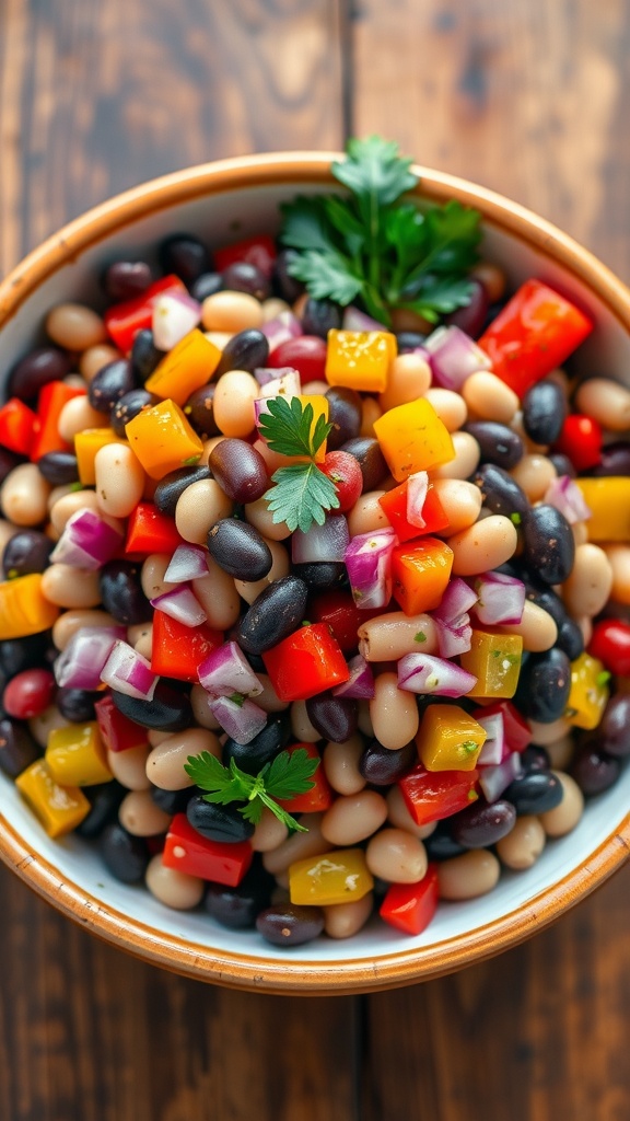 A vibrant 6 bean medley salad with various beans and colorful vegetables in a bowl on a rustic table.